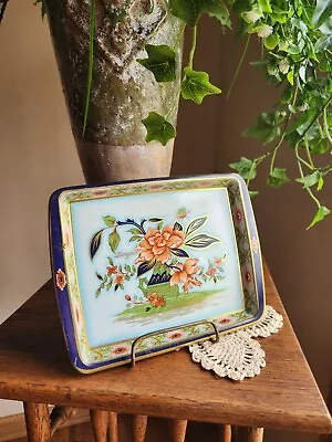 England Platter Daher Decorated Ware Small Metal Tray Floral Navy Edge MCM 8  • $5.50