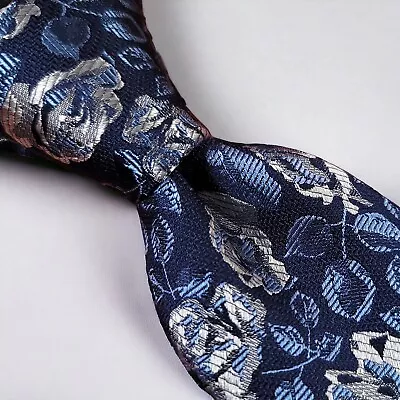 EGARA Men's Necktie Floral Pattern 100% Silk Tie Color Blue & Gray - Slim • $11.99