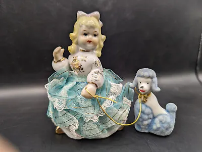 VTG JAPAN Ceramic Figurine Girl Blue Lace Skirt Walking Blue Poodle Dog #7425 • $8