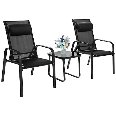 3PCS Patio Bistro Set Outdoor Glass Coffee Table & 2 Stackable Chairs For Garden • £104.95