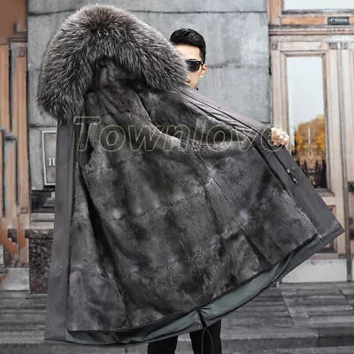 100% Real Mink Fur Lining Overcoat Mens Genuine Fox Fur Hooded Warm Parka Jacket • $285.76