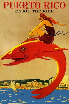 Puerto Rico Enjoy The Ride Beach Girl Big Fish Vintage Poster Repro FREE S/H • $17.90