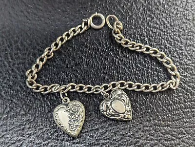 Antique Sterling Silver Charm Bracelet With 2 Puffy Heart Charms 7  EF • $39.99