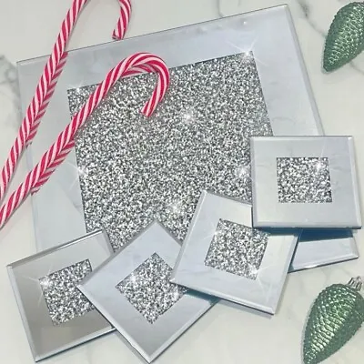 Glass Mirror Coaster 4pc Set Crushed Diamonds Home Decor Silver Christmas Gifts • £9.99