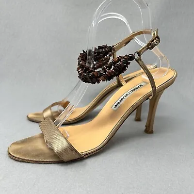 Manolo Blahnik High Heel Sandal Rose Gold Stone Straps Women’s Size 40 • $113.45