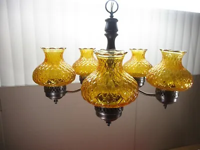 Vintage Mid-century 5-Arm Chandelier Amber Colored Diamond Quilted Glass Shades • $119.99