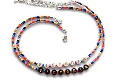 £3.99 • Buy Personalised Name Beaded Necklace, Rainbow Necklace, Letter Beach Party Summer