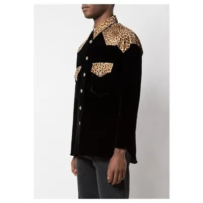GARÇONS INFIDÈLES Men Leopard Print Trim Velvet Shirt Long Sleeve Black Tan S • $489.30