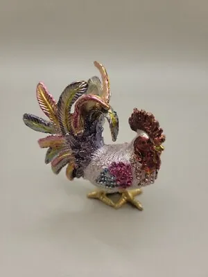 Colorful Jeweled Metal Rooster Trinket Ring Box Crystals Hinged Magnetic Closure • $18.50