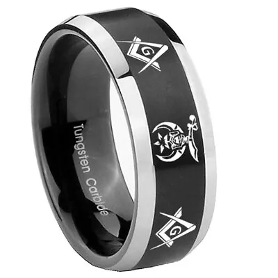 8mm Masonic Shriners Beveled Edge Two Tone Black Tungsten Mens Wedding Rings • $14.99