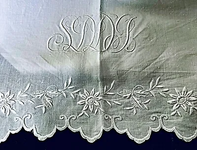 Antique Hand Embroidered Linen Flat Sheet & Pillowcase With Monogram  XX522 • $185