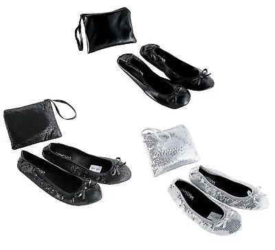 Roll Up Satin Sequin Shoes Fold Up Flats Ballet Ladies After Party Shoe With Bag • $13.96