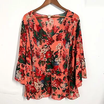 Vintage America Women's Blouse Size 3X Floral Colorful Ruffle Chiffon Orange • $20.90