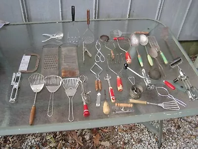 Huge Lot Of Vintage Kitchen Utensils Red Handles Farmhouse Tools & Gadgets • $50