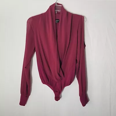 Bebe Women M SILK Sheer Slit Long Sleeve Deep V-Neck Maroon Red Thong Bodysuit • $27.99