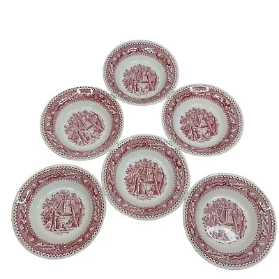 1965 Memory Lane Fruit Dessert Bowls Royal Ironstone Red Transferware Toile Set • $34.99