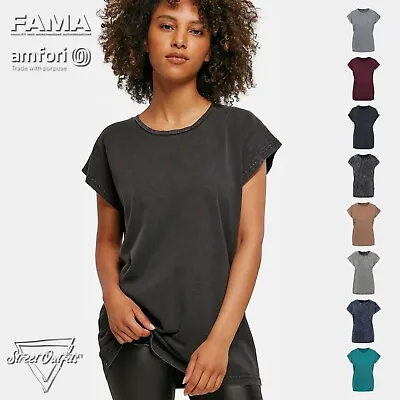 Womens Acid Washed T-Shirt Wide Neck Top Extended Shoulder Turn-Up Sleeves Tee • £11.89