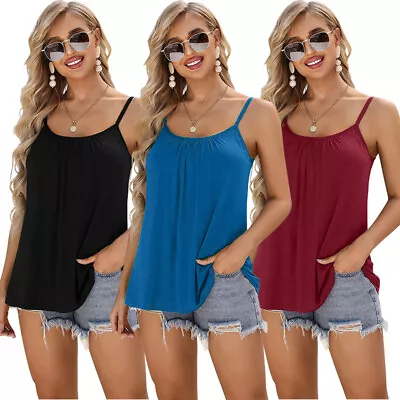 Women's Flowy Camisole With Built In Padded Bra Basic Tank Top Swing Loose Fit • £6.79