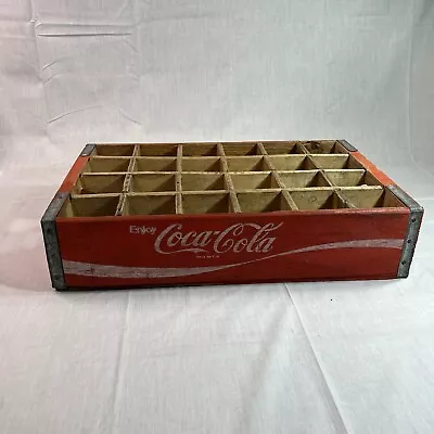 Vintage Enjoy Coca-Cola Wooden Crate Metal Edges 24 Slot Red Bismarck  ND • £38.56