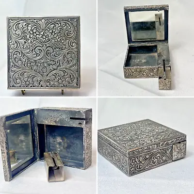 800 Silver Square Compact Rococo Style Etched Powder Trinket Box Push In Liptube • $179.95