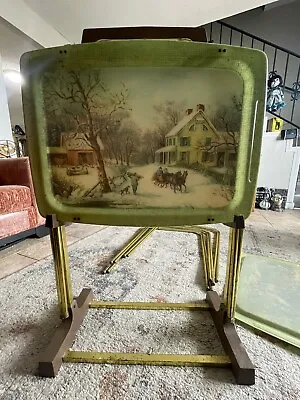 Vintage Fiberglass TV Tray Stands Fall Apple Picking Scene Set Of 4 Plus Holder • $100