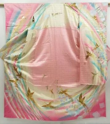 3802T09z1250 Vintage Japanese Kimono Silk FURISODE Phoenix Pink • $35