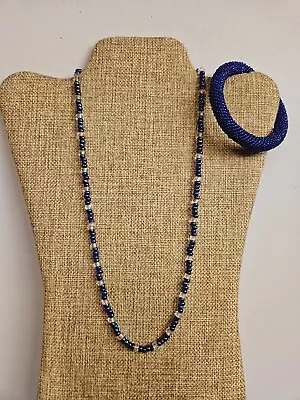 Blue Maasai Beaded Bangle Bracelet & Beaded Necklace  • $2.14