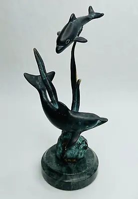 SPI Gallery Metal Brass Two Dolphins Sculpture Marble Base Seagrass Ocean Decor • $31.99