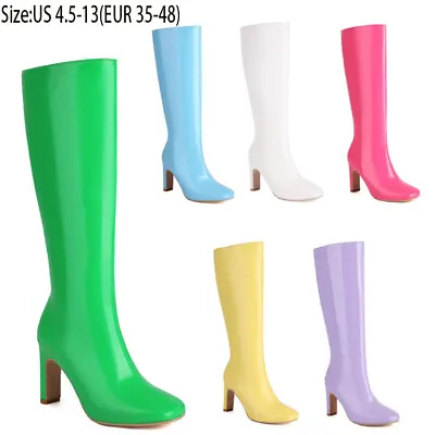 Candy Colors Party Knee High Boots Women's High Heel Square Toe Western Boots Sz • $40.93