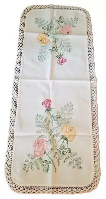 Embroidered Flowers & Crochet Trim Table Runner Dresser Scarf Vintage 34x14 • $15