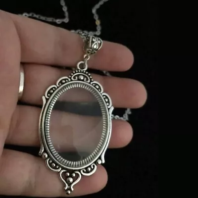 Magnifying Glass Style Necklace Victorian Pendant Long Chain Silver Cameo Gift • £8.50