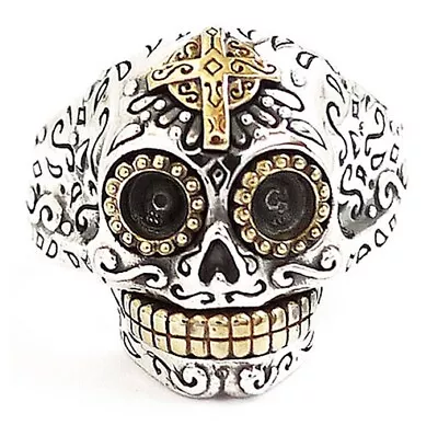 Mexican Skull Gold Cross Sunflower Sterling 925 Silver Ring • $64.99