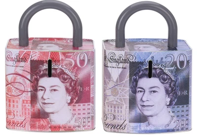 £9.99 • Buy Large Unique Metal Money Box In Shape Of A Lock £20 Note & £50 Note