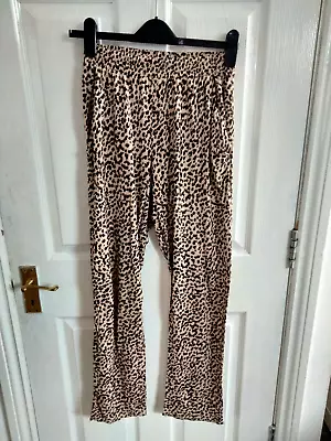 H&m Womens Brown Leopard Print Trousers Size 10 S Inside Leg 28 Elastic Waist • £7.99