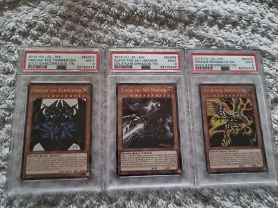 YuGiOh Complete Egyptian God Card Set TN19-EN007008009 Alternative Art PSA 9 • £110