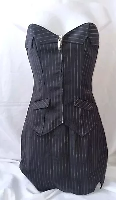 Gorgeous Black Pinstriped Boned Corset Basque Top Skirt G-string Size 12 14 (TV) • £19.99