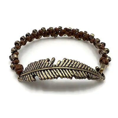 Vintage Gold Tone Feather Textured Bead Brown Leather Cord Fashion Bracelet • $14.99