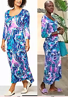 NEW Colleen Lopez 3/4-Sleeve Knit Maxi Dress Blue COLOR SWIRLS SZ XL • $26