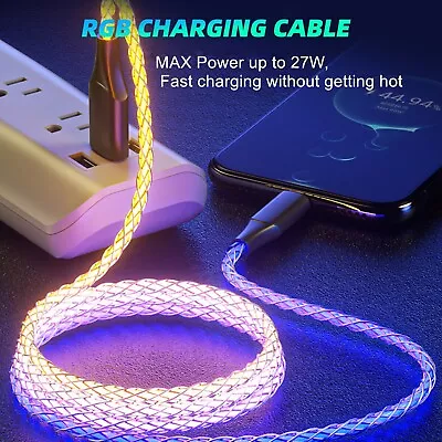 Fast PD USB Type C Charger Cable RGB LED Light Up For IPhone 15 Pro Max Plus • £4.95