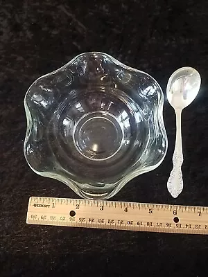 Vintage Glass Ruffle Edge Condiment  Bowl  & Silverplate Spoon • $12