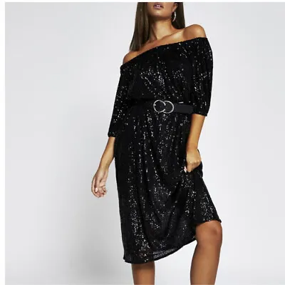 £19.99 • Buy River Island Black Sequin Bardot Midi Dress Uk Size 10 Belt Not Included