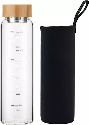 Glass Water Bottle 32 Oz Wide Mouth With Sleeve Bamboo Lid 1 Litre Motivational  • $29.61