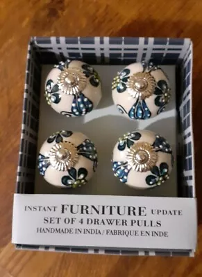 £9 • Buy New Round Ceramic Drawer Cupboard Door Knobs Floral Handle Update White/blue 
