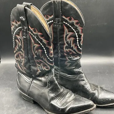 Pistolero Cowboy Boots Black Leather Mens Size 7 1/2 Red White Western Rocker • $35