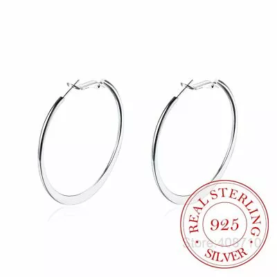 Women Big Round Earring Lady Flat Large Hoop Earrings 925 Sterling Silver 1Pair • $13.89