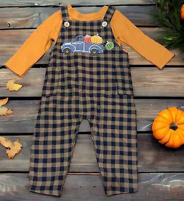 NEW-Mud Pie-Baby Boy  6/9 M -Fall Thanksgiving Pumpkin Truck Overall Set Outfit • $19.99