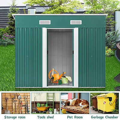 4x6ft Green Pent Roof Metal Garden Shed Tools Box Outdoor Storage Shed With Base • £185.95