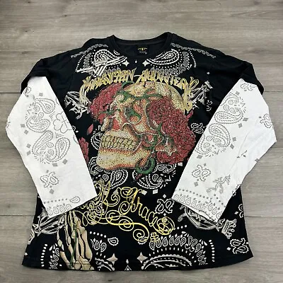 Ed Hardy Christian Audigier Long Sleeve T-Shirt Rhinestone Skull Roses Y2K AOP • $79.99