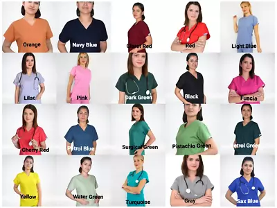 Stretchy Fabric Unisex Medical Scrub Top Doctor Nurse Vet Beauty • £22.99