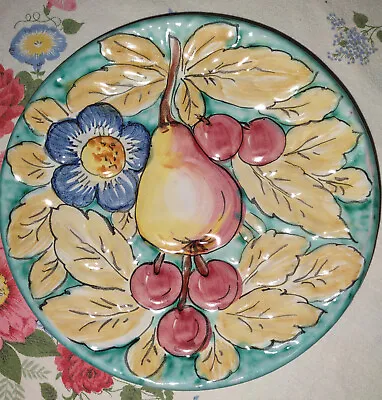 Plate Italian Italy Fruit Salad Dessert 8 Inch Floral Pear Cherries Majolica • $22